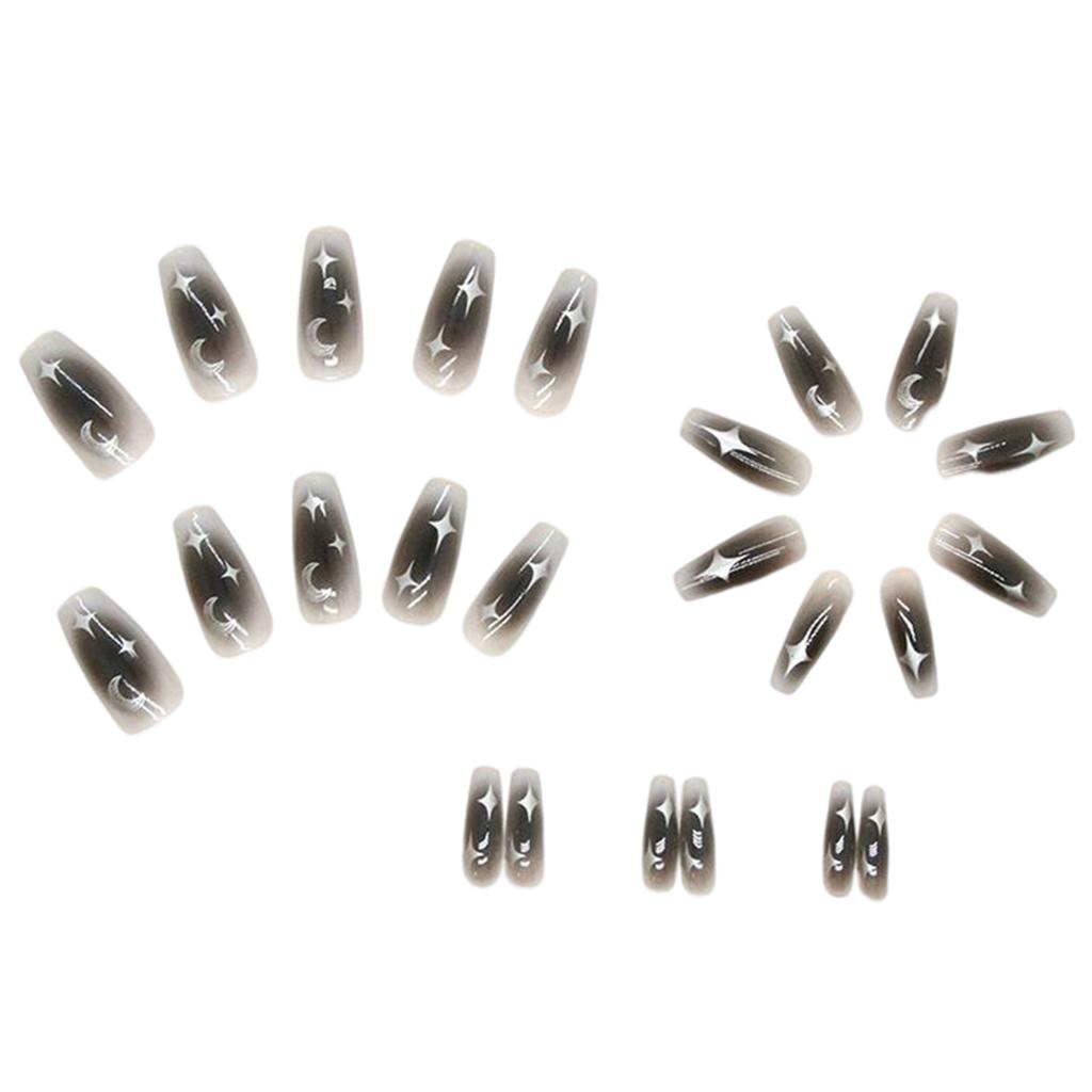 Dark Black Star & Moon Fake Nails Unique Trendy Pattern & Color Fingernails for Daily Lives Everyday Use