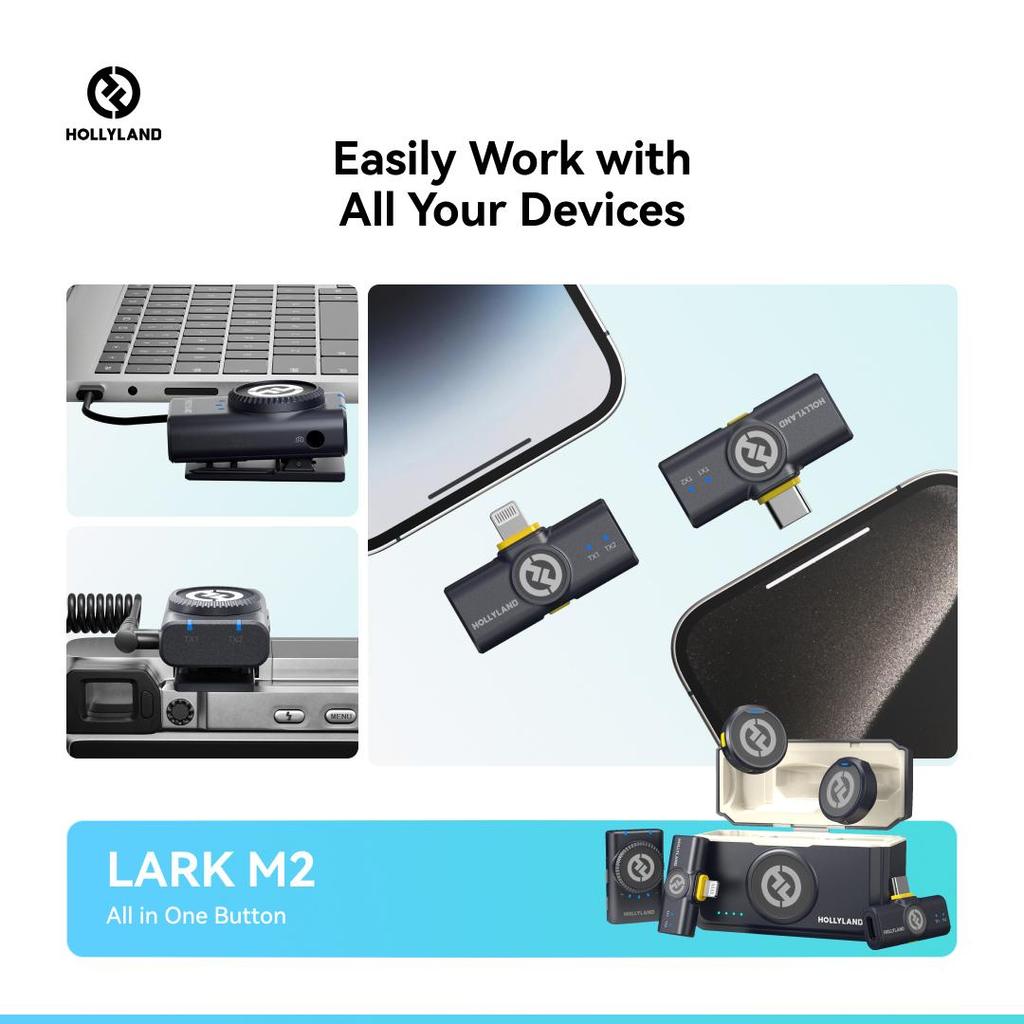 Hollyland Lark M2 Wireless Microphone, 48kHz/24bit Studio Sound, 300m Range, 40H Battery, Noise Cancellation, Magnetic Clip, for Camera Phone Vlog