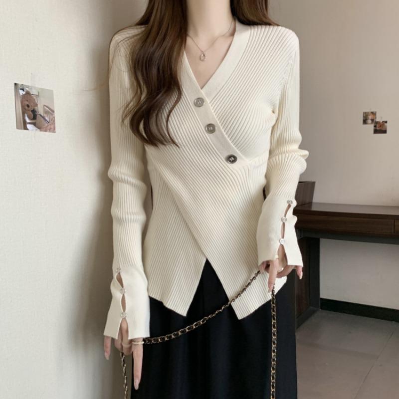 

Fashion Autumn Cross V-neck Pullover Knitted Women Sweater Thin Inside Long Sleeve Casual Simple Tops Basic Buttons Slim Fit Sweater Women s Clothing One size білий