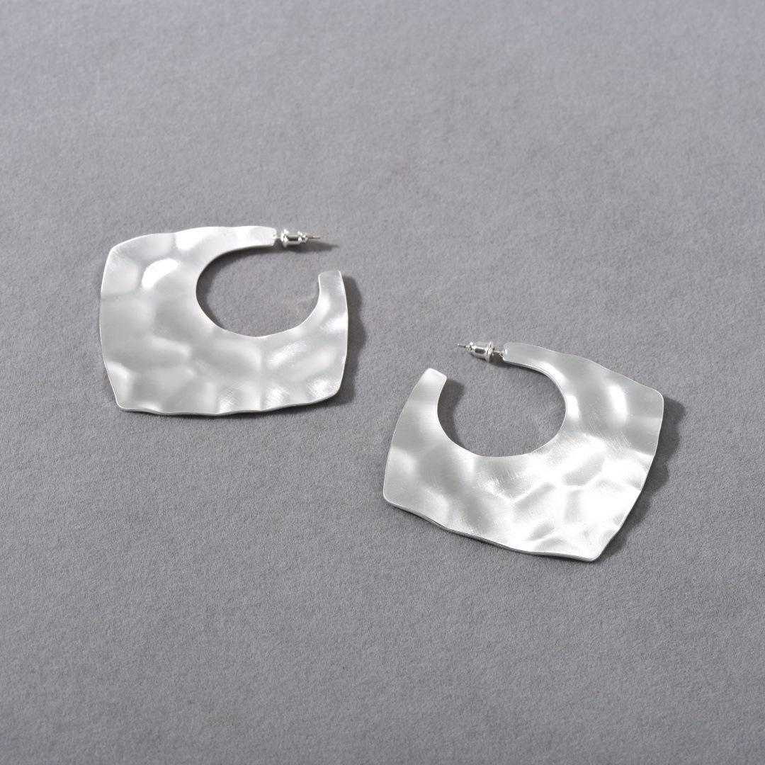 French Exaggerated Square Handmade Hammer Texture S925 Silver Needle Stud Earrings Niche Design Unique Temperament Light Luxury Earrings