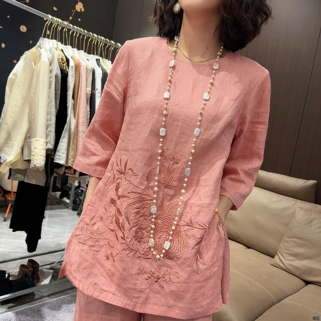 Retro Cotton and Linen Three-quarter Sleeve Suit Women's Summer  Loose Casual Chinese Embroidery Wide-leg Pants Two-piece Set