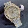 ICEDIAMOND 42mm Ice Out Baguette CZ Diamond Calendar Wristwatch Gold Plated Zirconia Round Dial Quartz Bangle Men's