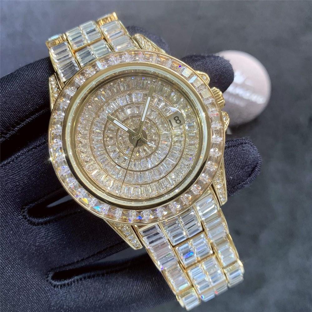 ICEDIAMOND 42mm Ice Out Baguette CZ Diamond Calendar Wristwatch Gold Plated Zirconia Round Dial Quartz Bangle Men's