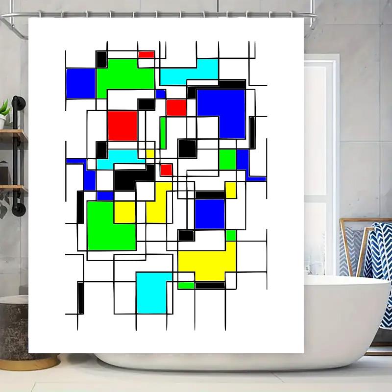 

Modern Art Shower Curtain, Geometric Design With Blue, Green, Yellow, Black White Blocks Perfect For Bathroom Decor [Customizabl W60H190(CM)-1 Pcs