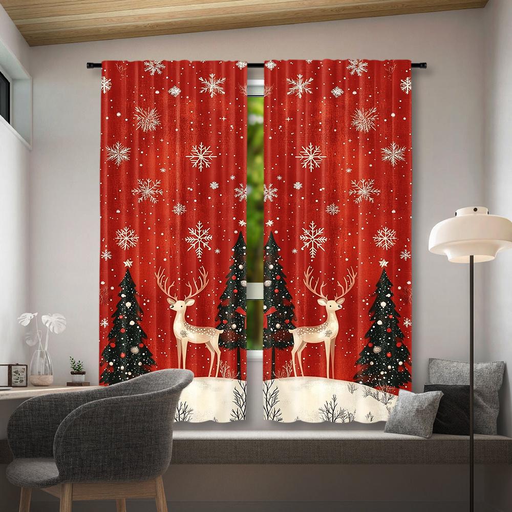 2 Pieces Festive Christmas Curtains: Deer, Snowflakes, and Gifts - Perfect for Living Room or Bedroom Home Decor