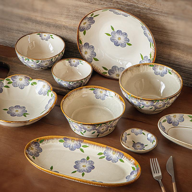 Clematis Series Medieval Special-Shaped Tableware Household Rice Bowl Ceramic Noodle Soup Bowl Dish Export
