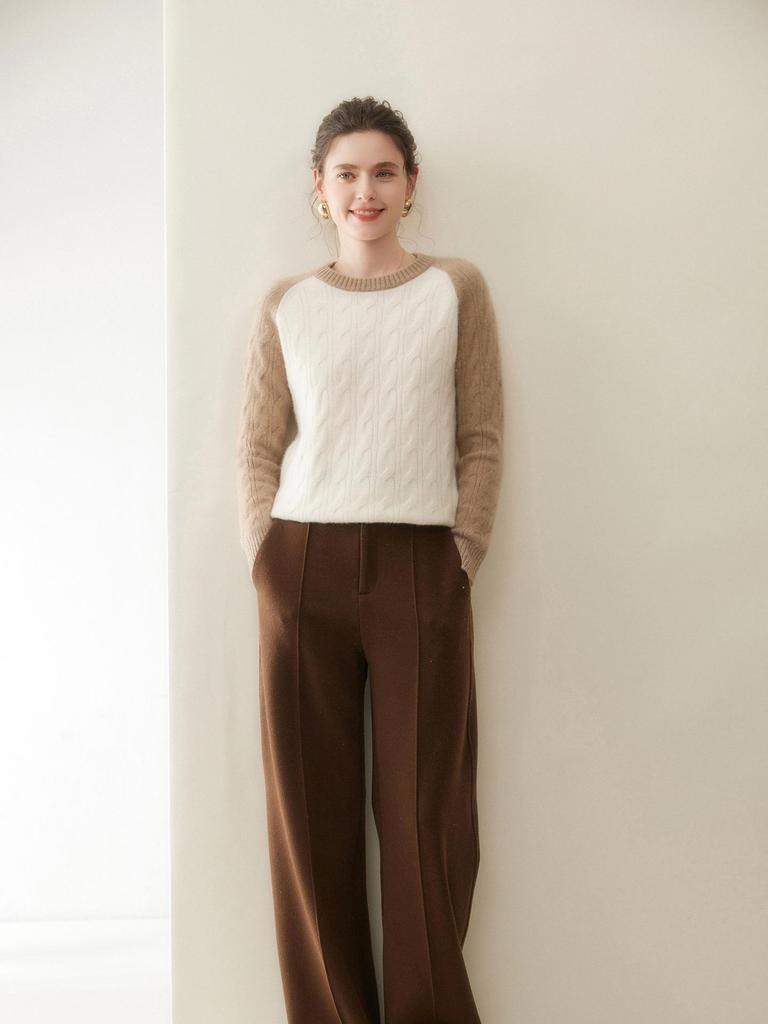 Autumn 2025 Women's Color Block Cable Knit Cashmere Sweater - Fashionable, Versatile, Slimming Round Neck Knitwear