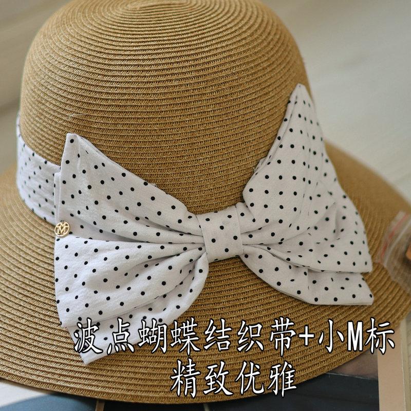 Hepburn style polka dot bow big brim straw hat elegant retro fashion spring and summer sun protection beach bucket hat