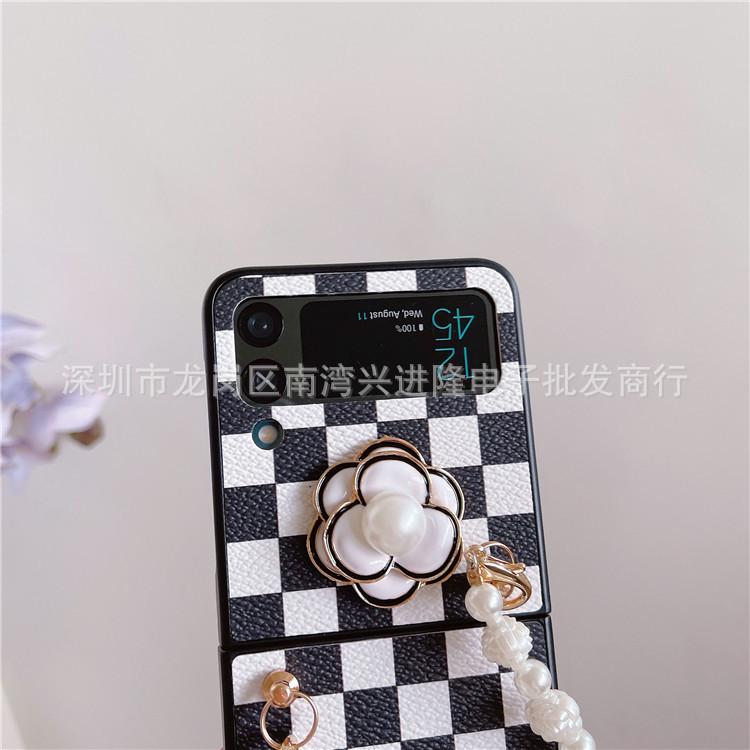 Applicable To Samsung Z Flip4 Folding Screen Mobile Phone Case Plaid Camellia Pearl Portable Wristband Leather Case Protective Case