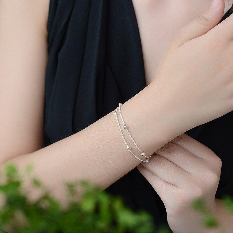 Doppelschichtige 925er-Sterlingsilber-Gliederkette, runde Perlen-Charme-Armbänder und Armreifen, Fußkettchen für Frauen, Hochzeit, Schmuck, A178