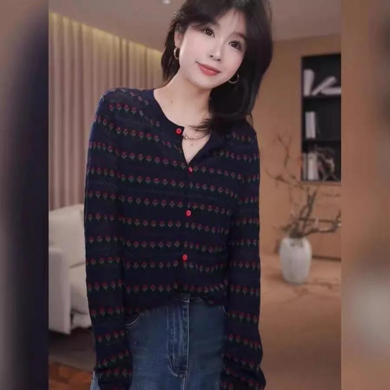 Jacket Retro Fashion Knitted Round Neck Cardigan Sweater Top