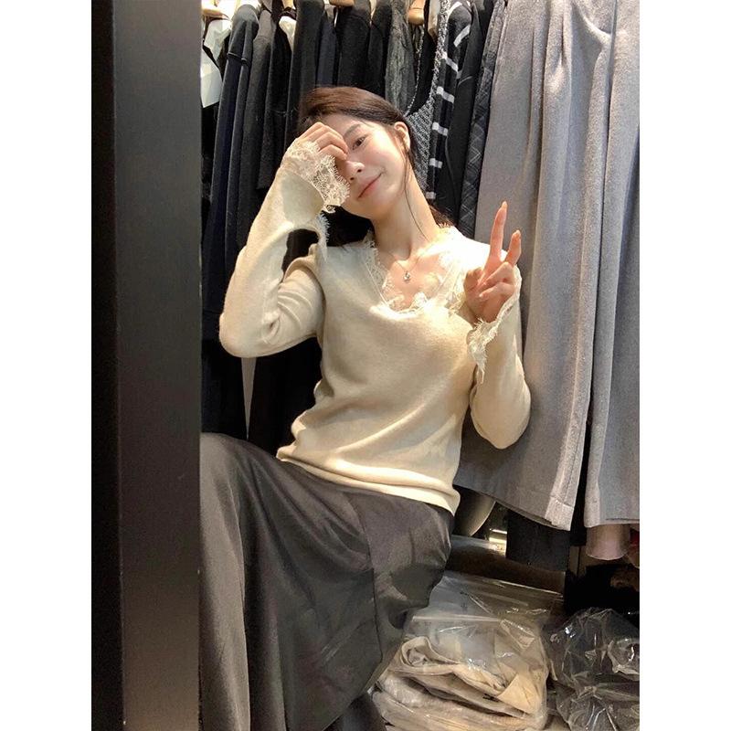 Lace neck knitted sweater women's high-end flared sleeve top spring versatile temperament inner bottoming shirt