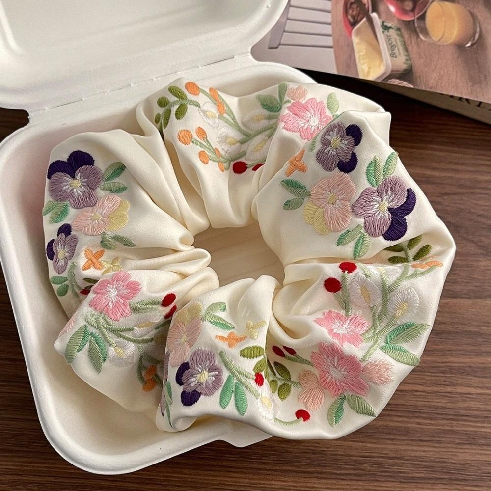 Colorful Embroidery Hair Scrunchies Satin Hair Ropes Sweet Floral Scrunchies  Girls