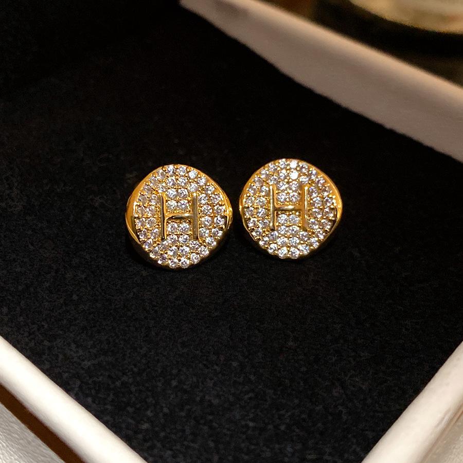 

K real gold electroplated silver needle zircon fritillary round earrings fashionable versatile earrings light luxury high-end earrings women