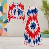 Women Plus Size Dark Blue Printed Round Neck Long Sleeve Cropped Cardigan Sleeveless Dress Two Piece Set