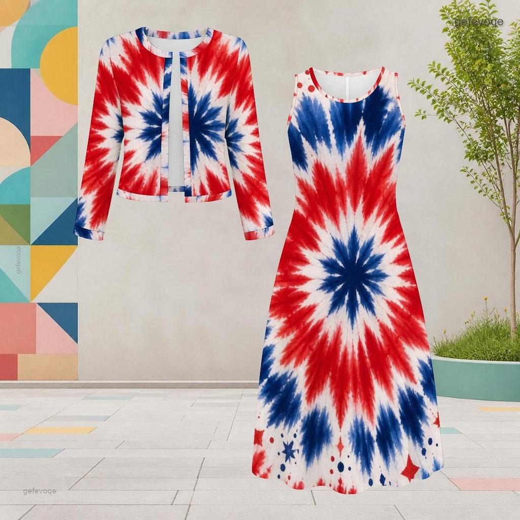 Women Plus Size Dark Blue Printed Round Neck Long Sleeve Cropped Cardigan Sleeveless Dress Two Piece Set