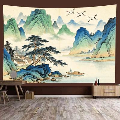Chinese Landscape Tapestries: Traditional Green Mountain Wall Art for Living Room and Bedroom Decor