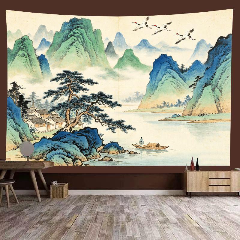 Chinese Landscape Tapestries: Traditional Green Mountain Wall Art for Living Room and Bedroom Decor