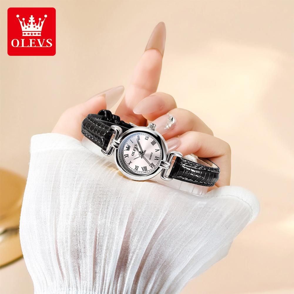 OLEVS Luxury Original Woman Round Watch Brown Small Leather Strap 3ATM Waterproof Date Elegant Quartz Ladies Wristwatch