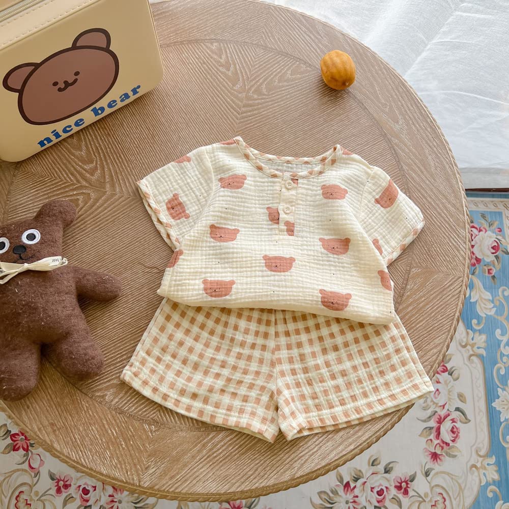 Jaydyequ Baby Short Summer Sleepwear Bear Gift Girls' Pajamas, Sleeve, Clothes, Loungewear, Set, Khaki, Print, 80cm, Children's