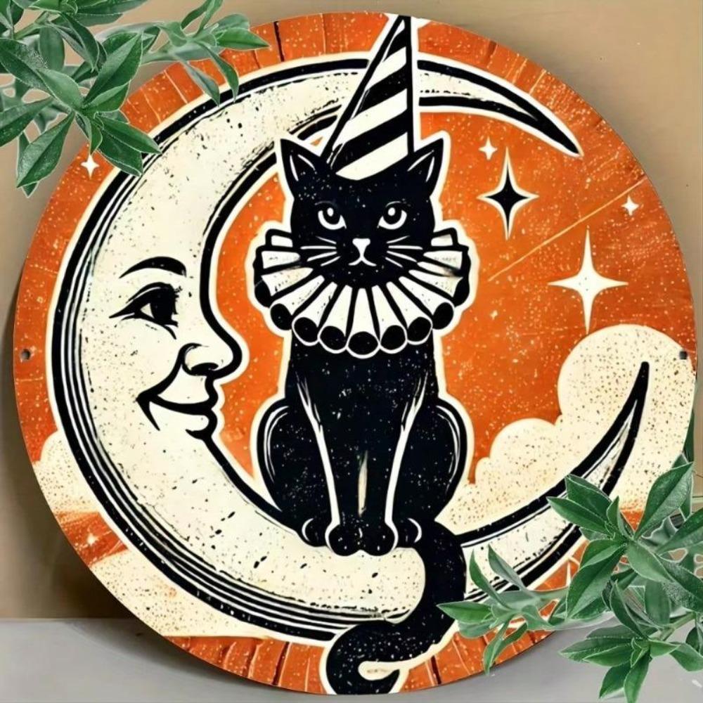 Vintage Cat Moon Halloween Metal Wall Art Sign 8x8 Inch Round Bar Cafe Decor Iron Tin