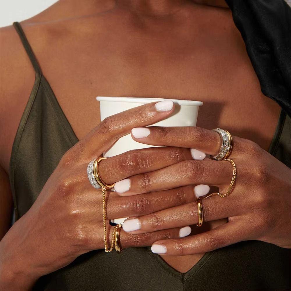 Double Layer Tassel Link Ring Gold Plated Stackable Finger Ring Elegant Chain Ring  Women Girls