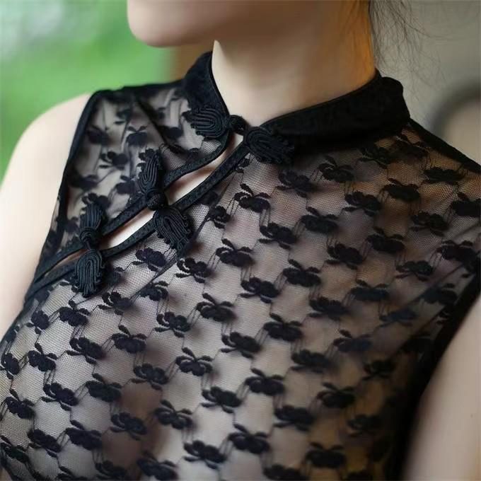 Elegant Sheer Lace Qipao-Inspired Nightgown