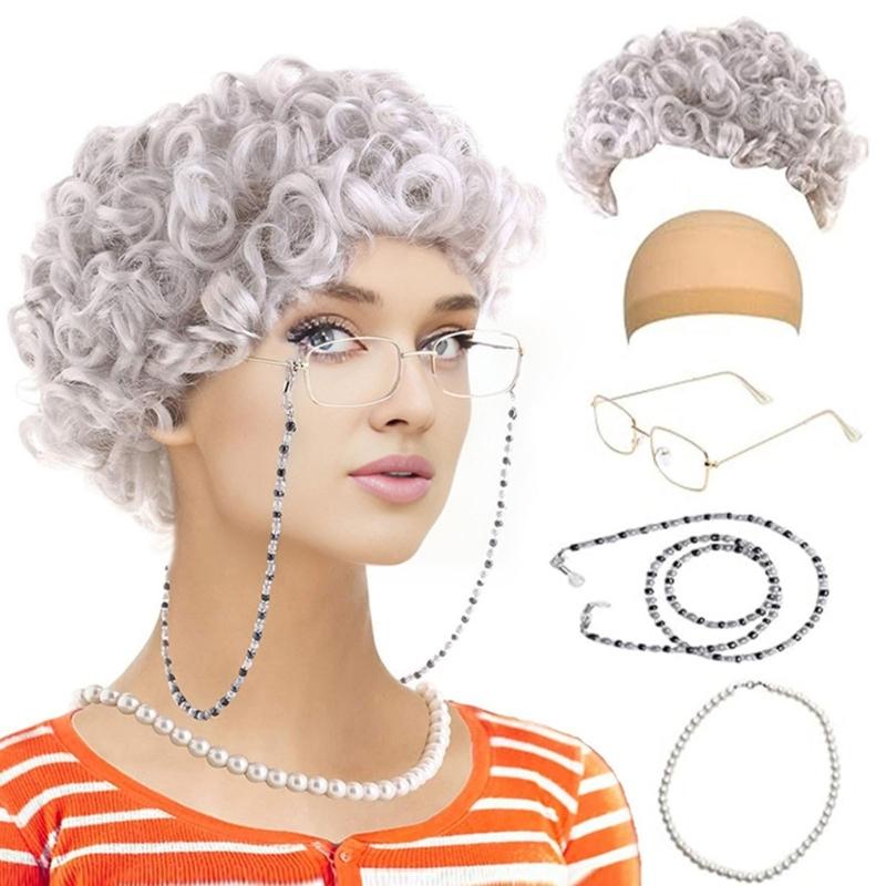 100 Tage Schule Cosplay Kostüm Set für Kinder Alte Dame Kostüm Zubehör Falsche Perlen Halskette Brille Perücken Haarnetz