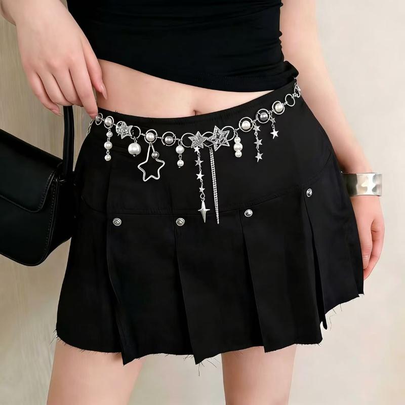 Glänzende Strassstern Pentagramm Taillenkette Für Frauen Bling Kristall Perlenkette Quaste Gürtel Körperkette Y2K Schmuck