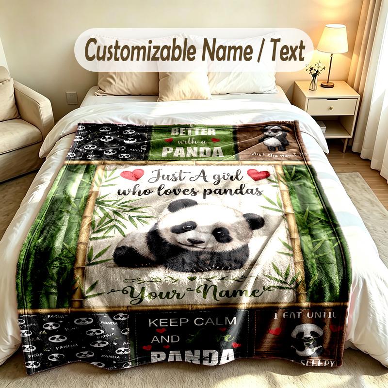 Bear Panda Theme Soft Blanket Personalized Custom Name Text Print Warm Blanket Home Sofa Bedroom Decor