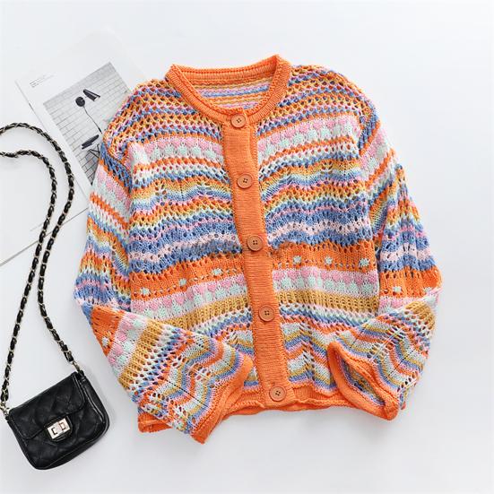 Women Knitting Cardigan Round Neck Flared Long Sleeve Single Breasted Sweater Coat Autumn Winter Rainbow