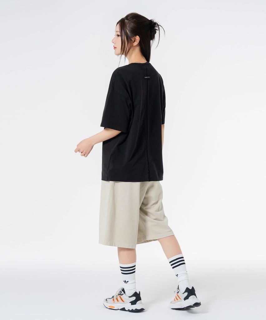 MOZMOZ [Set] Back Slit Pigment Short Sleeve + Pigment Wide Single-Pleat Shorts Set-Up