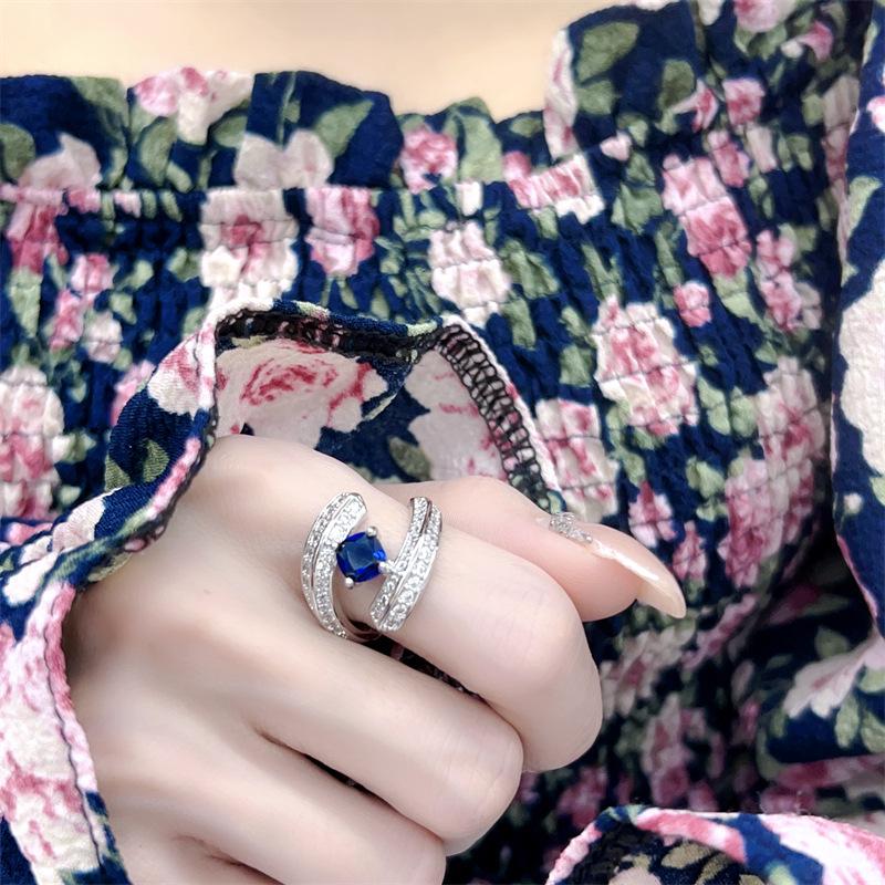 Square Royal Blue Sapphire Open Ring - Elegant, Versatile Luxury Design for Women, Perfect for Live Streaming and Celebrity Style Adjustable Open
