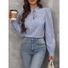 Women V-Neck Button Down Long Sleeve Top Solid Color Striped Shirt Office Lady Work Clothes