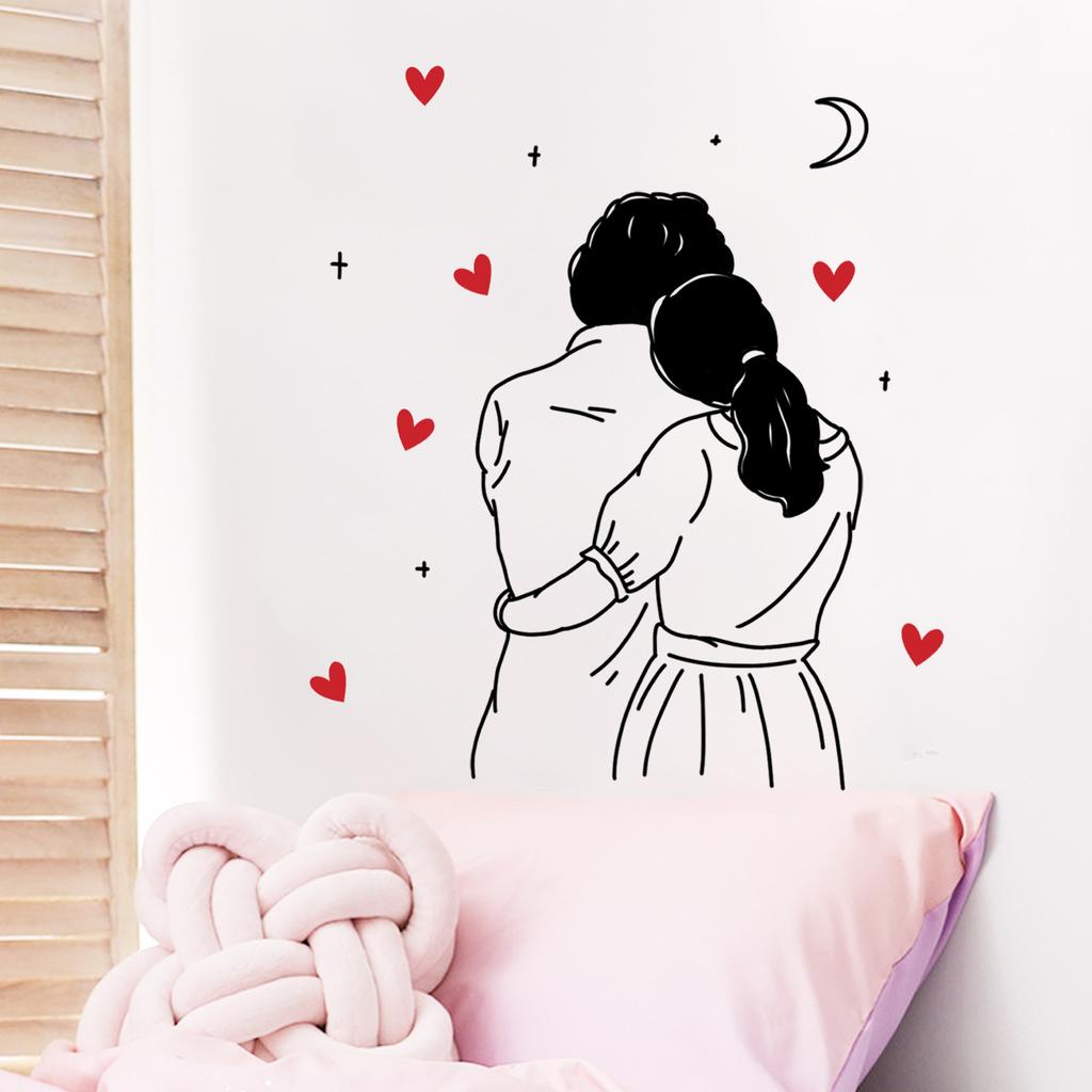 Cartoon Couple Embrace Background Heart-Shaped Living Room Bedroom Home Decor Wall Decoration Self-Adhesive Wall Sticker