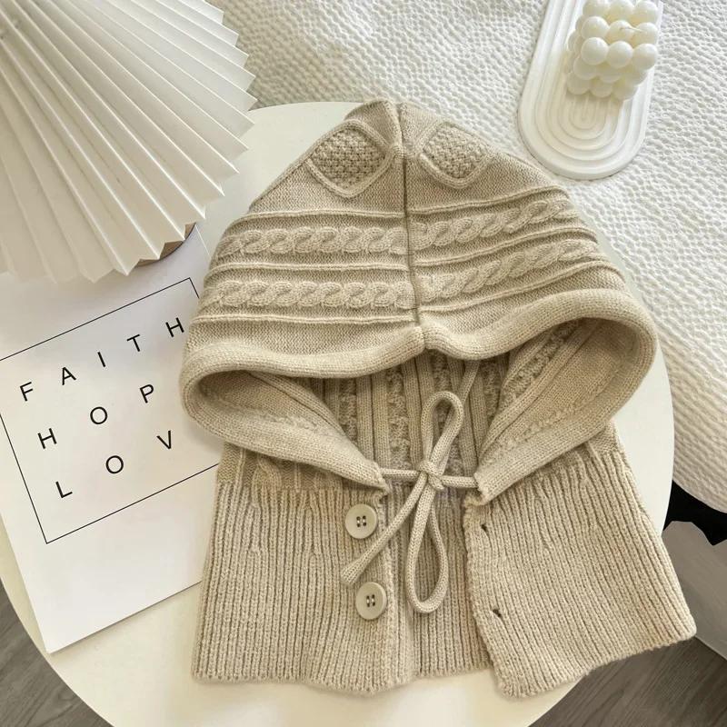 1pc Winter Warm Hats for Women,solid Color Knitted Blend Hooded Scarf Hat for Women Balaclava Skull Cap Beanie Hat Neck Gaiters
