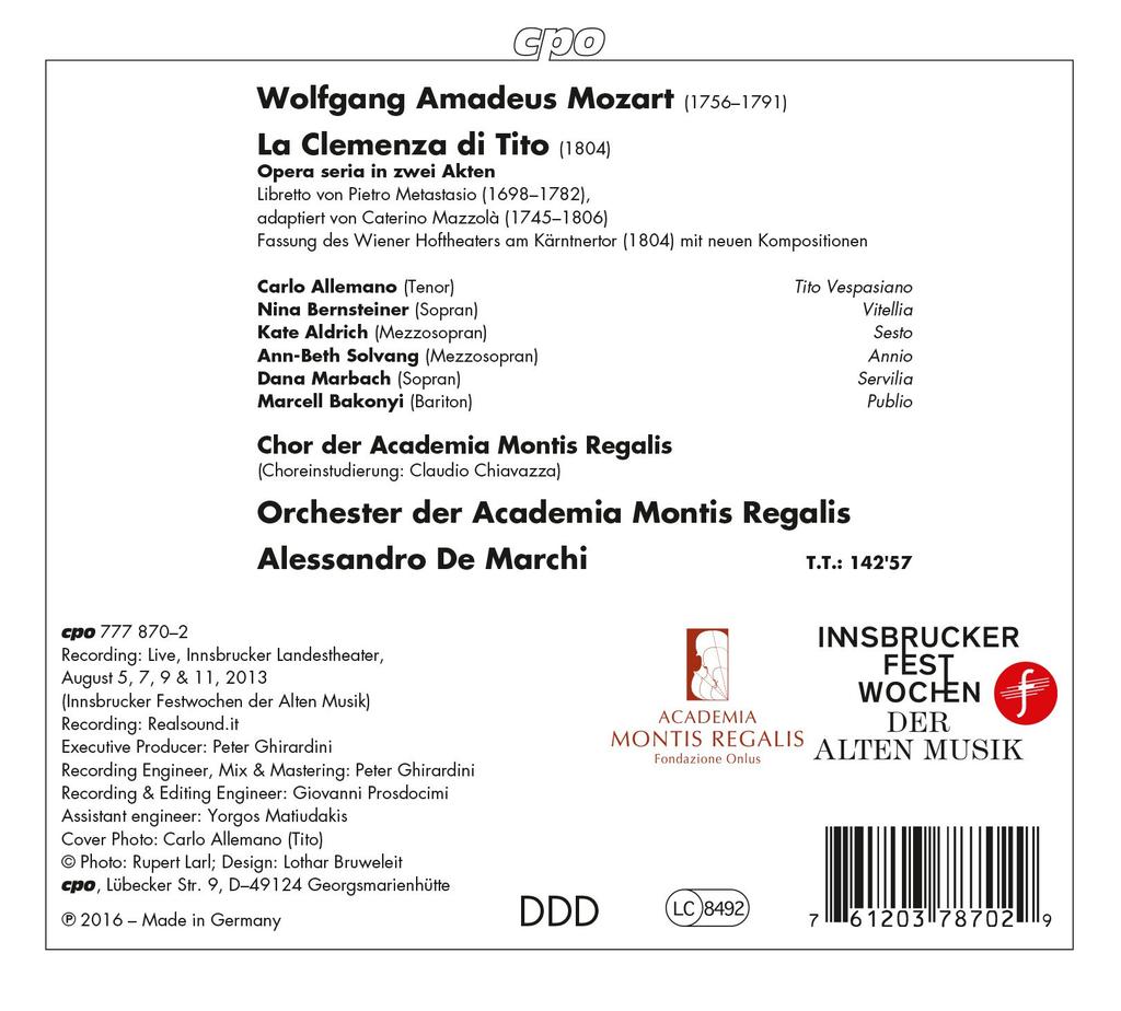 Opera Clemenza Di In 2 Acts New Vienna Mozart "La Tito" (1804 Edition) [2 Discs]