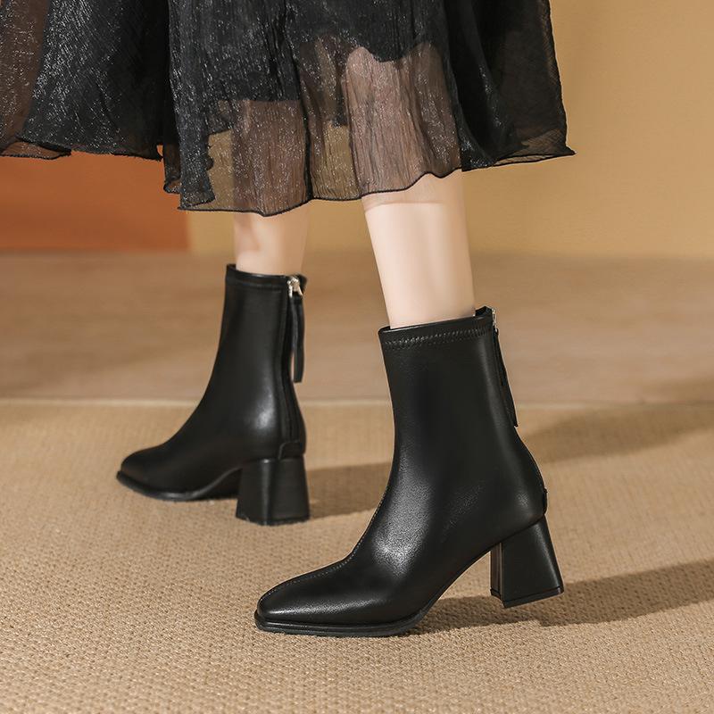 White short boots women's high heels 2025 autumn and winter new velvet square head thin boots medium thick heel short Martin boots