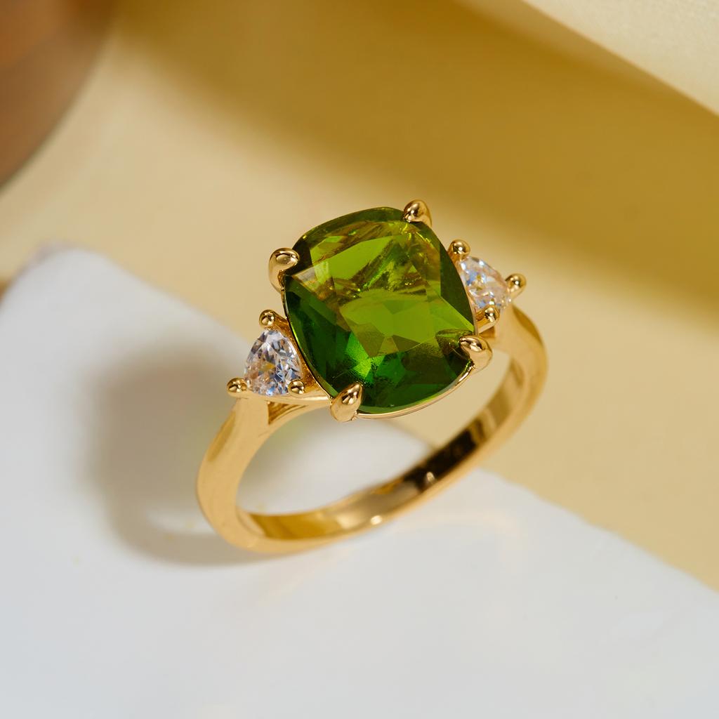 Luxury Fashion Green Zircon Ring For Women Gold Color Shiny Crystal Square Finger Ring Wedding Party Anniversary Charm Jewelry