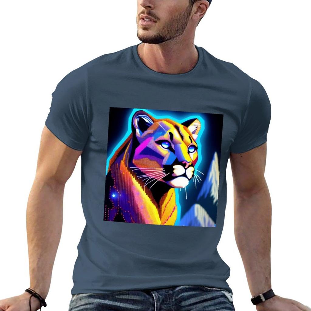 Neon Pixels Mountain Lion Tshirt Daily Wear Plain Short Sleeve Shirt