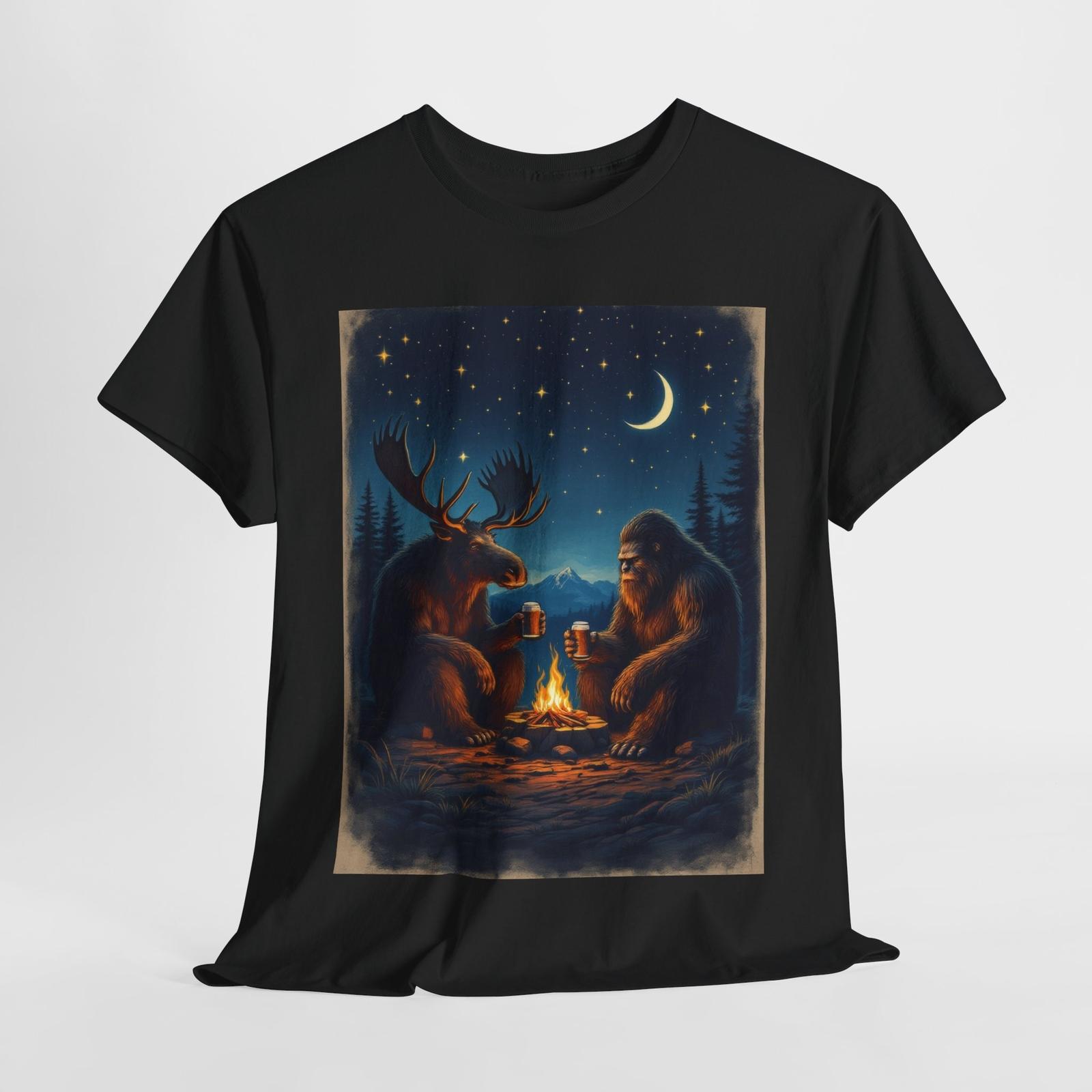 Moose and Bigfoot Drinking Beer T-Shirt Whimsical Campfire Gift Campers Hikers 4XL