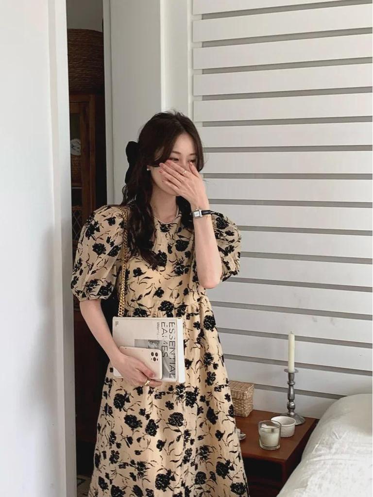 Korean Style Puff Sleeve Floral Midi Dress for Women