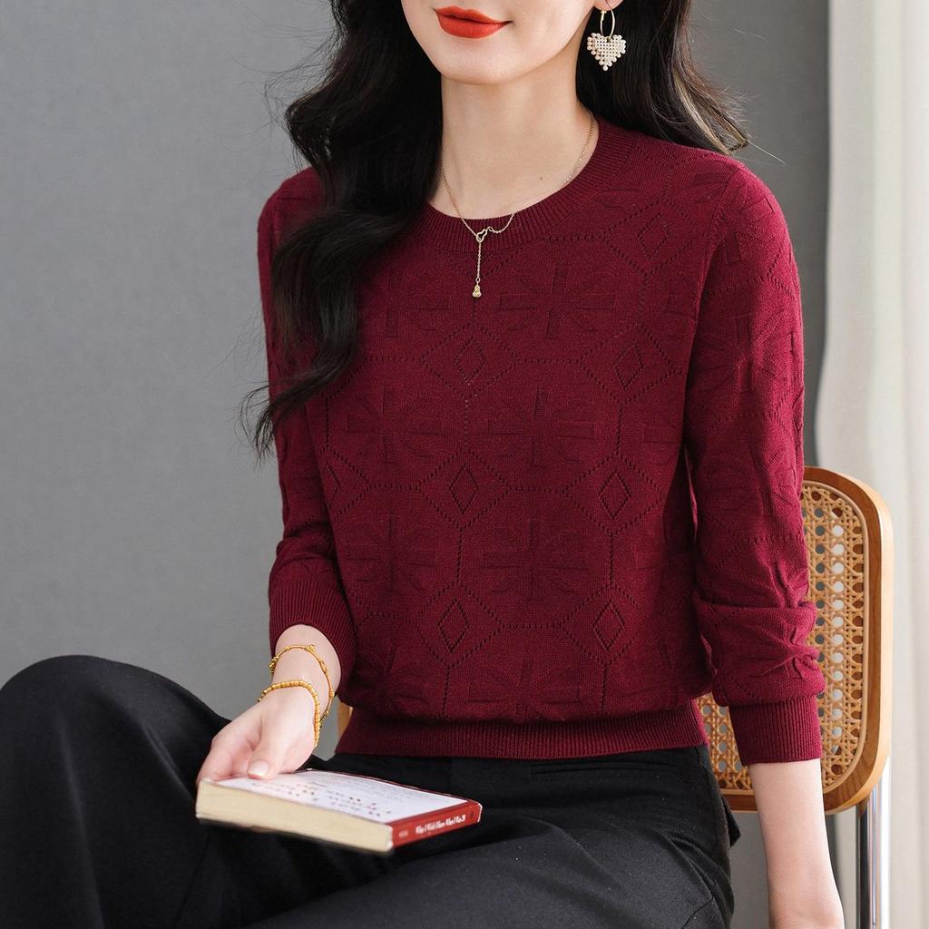 Women's Wine Red Versatile Round Neck Long Sleeve Knitted Sweater - Loose Fit and Slimming Fashionable Inner Wear