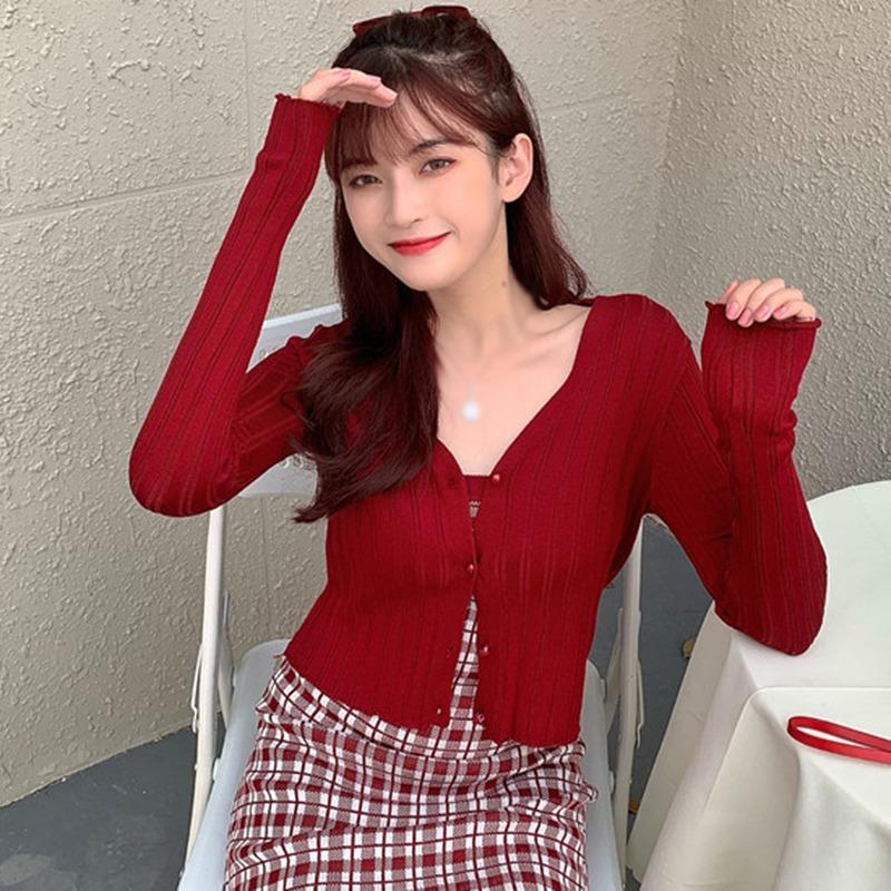 

Женский кардиган с V-образным вырезом, длинными рукавами, на пуговицах, короткий вязаный кардиган One Size