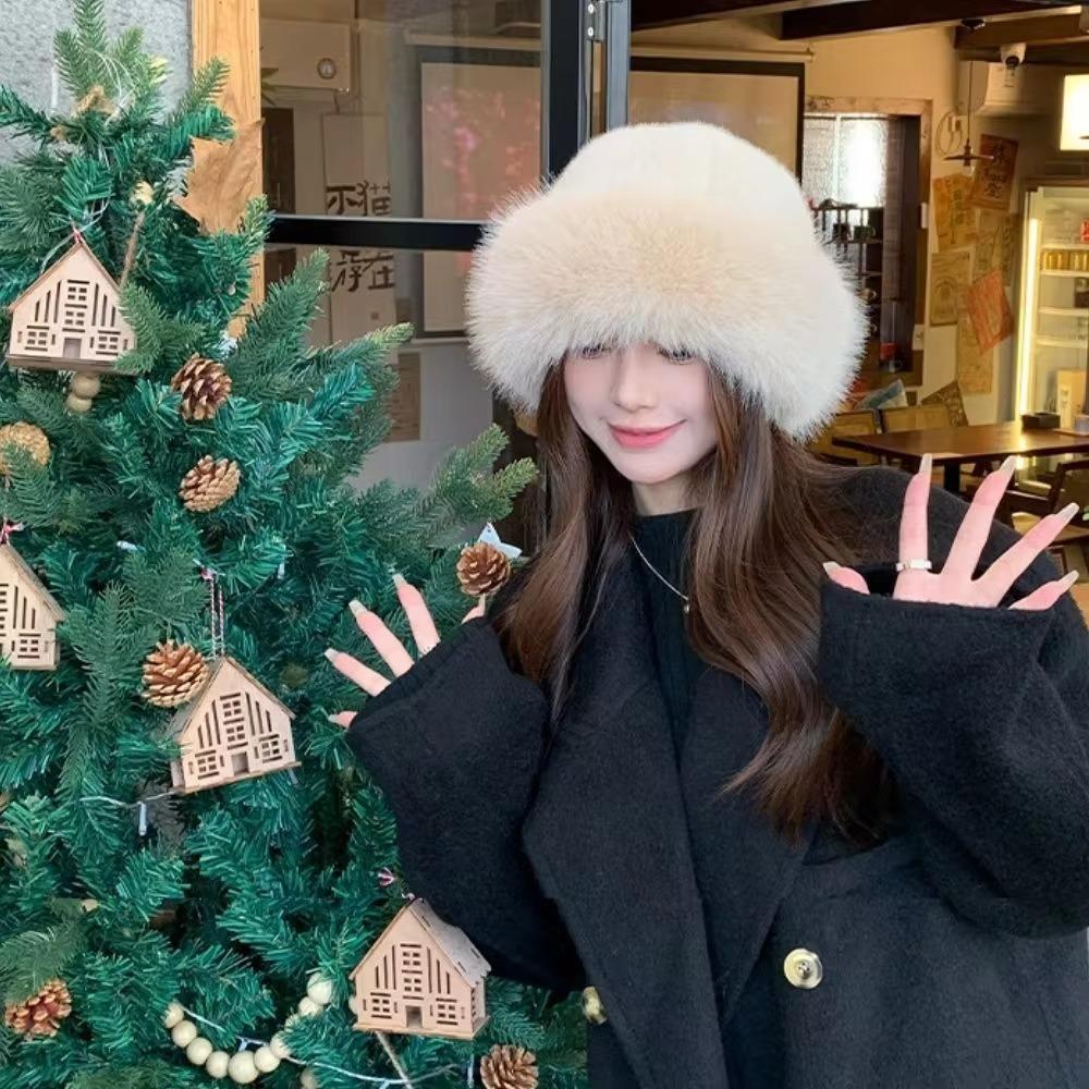 New Fluffy Fur Winter Hat Solid Color Thicken Fisherman Hat Cold Windproof Panama Cap Chrismas Gifts
