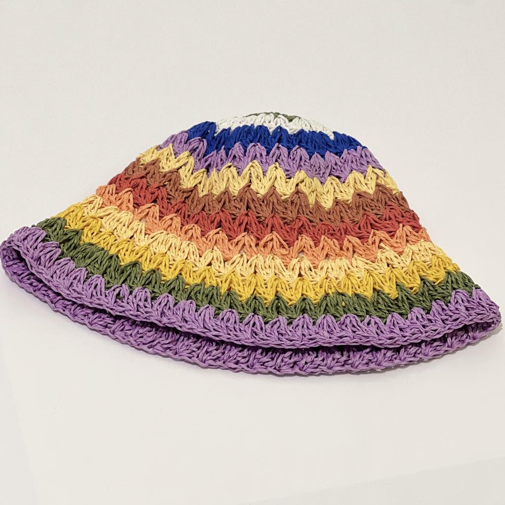 Handwoven Straw Hat Women's Breathable Hollow Rainbow Bucket Hat Bucket Hat Niche Face Small Visor Basin Hat