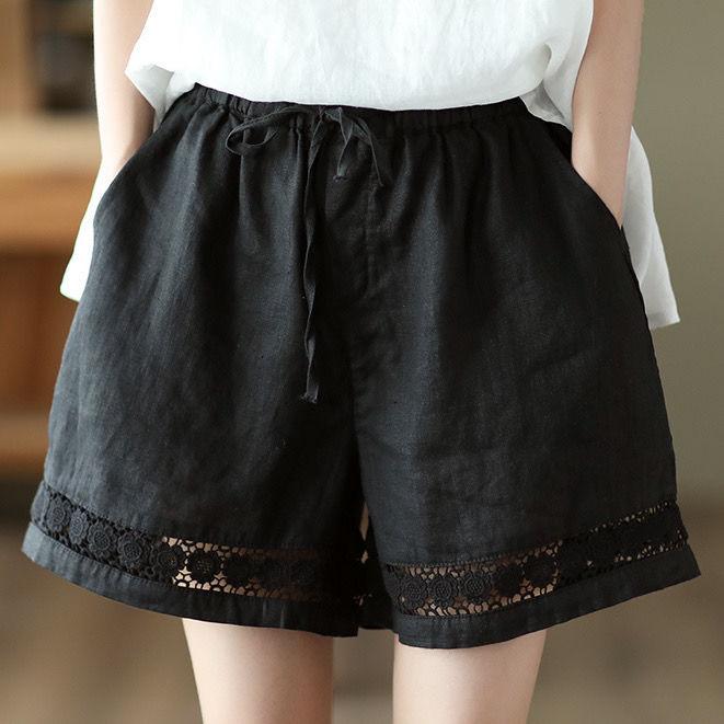 Casual Solid Linen Lace Floral Summer Short Pants Loose Elastic Waist Boho Beach Wear Shorts Women Bottom