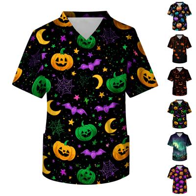 Bluză medicală de bărbați cu mânecă scurtă și decolteu în V, cu imprimeu de Halloween și buzunar pe piept, pentru uniformă de lucru