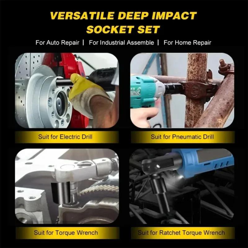 10 buc. Set de prize de impact metric cu antrenare de 1/2 ", priză universală, set de prize adânci cu antrenare metrică, cheie pentru instrumente de reparații pneumatice cu aer