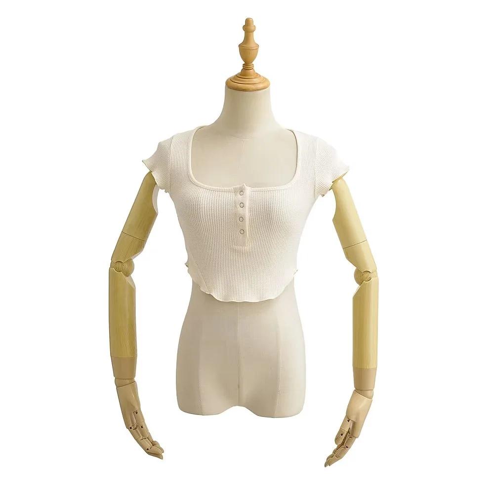 American Style Slim Fit U-Neck Buttoned Waffle Knit Crop Top for Women